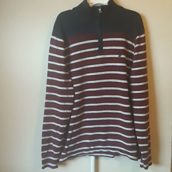 NAUTICA MENS HALF ZIP BURGUNDY & GRAY STRIPED SWEATER S - Picture 1 of 7